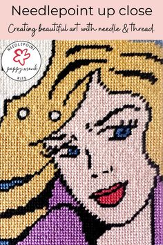 the cover of needlepoint up close featuring a woman's face