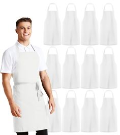 a man wearing an apron and standing in front of white aprons with six different colors