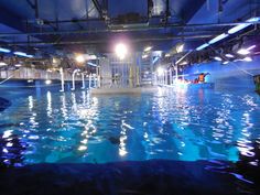 an indoor swimming pool at night with lights shining on the water and people in it