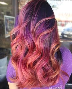 Pink With Pink Highlights, Mulberry Hair Color With Highlights, Vivid Ombre Hair, Short Red Hairstyles, Blonde Bayalage, Vivid Hair, Sunset Hair, Blonde Pink, Dyed Hair Pastel