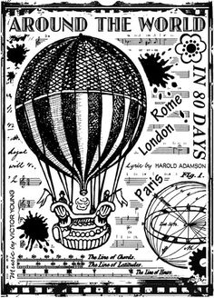 a black and white drawing of a hot air balloon with the words around the world on it