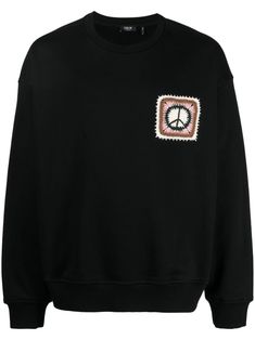 black cotton blend embroidered logo crew neck long sleeves straight hem Oversized Black Sweater With Embroidered Logo, Black Long Sleeve Top With Logo Patch, Fall Sweater With Logo Patch, Fall Long Sleeve Sweatshirt With Logo Patch, Fall Long Sleeve Sweater With Logo Patch, Streetwear Crew Neck Sweatshirt With Logo Patch, Embroidered Logo Long Sleeve Sweatshirt For Streetwear, Crew Neck Sweatshirt With Logo For Fall, Oversized Logo Sweatshirt For Fall