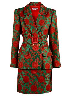 Yves Saint Laurent suit #fashion Brocade Suits, Yves Saint Laurent Dress, Saint Laurent Fashion, Brocade Skirt, Rive Gauche, African Wear, Green And Red, Winter Outfits Women