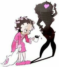 a drawing of a woman holding a coffee cup next to a shadow of a girl