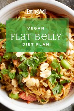 vegan flat belly diet plan in a white bowl with green garnish on top