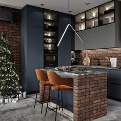 a modern kitchen with brick walls and bar stools