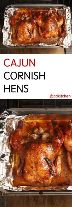 two pictures of chicken cooking in an oven with the words cajun and cornish hens