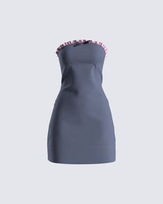 Let them know you mean business in this grey strapless mini dress ��🖤 Made from stretch suiting fabric and complete with a strapless style, and pink ruffles at the top opening for a classy feel - this dress is giving “sweet, but will put you in your place”  💅 Soft Aesthetic Outfits, Strapless Ruffle Dress, Little Red Dress, Suiting Fabric, Fall Fits, Pink Ruffle, Suit Fabric, Strapless Mini Dress, Really Cute Outfits