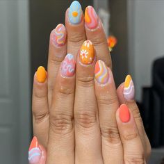 Groovy Nail Art Acrylic, 2024 Spring Nails Almond, Fun Summer Nails Acrylic Almond, Funky Vacation Nails, Bright Colorful Summer Nails, Retro Nail Art Short Nails, Busy Nails Designs, Bold Summer Nails, Cute Funky Nails Summer