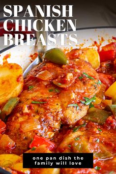 These Spanish Chicken Breasts are packed full of flavor and make a great one-pan meal for those busy weeknights when you want something hearty and flavorful without spending hours in the kitchen. The delicious sauce is a mixture of tomato, onion, and bell pepper with plenty of seasonings like, garlic, smoked paprika, bay, and parsley. Potatoes and chicken breasts complete this family friendly one pan meal. Serve it with some rice or crusty bread to soak up all the delicious juices. Chicken Thigh Bell Pepper Recipe, Mexican Chicken And Potatoes Recipes, Chicken With Bell Peppers And Onions, Spanish Chicken Breast Recipe, Spanish Chicken Recipe, Chicken Breast Dinner Ideas Healthy, Spanish Casserole, Spanish Baked Chicken, Chicken And Bell Pepper Recipes