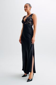 All formalities.Presenting the RICCI Satin and Lace Maxi Dress, a stunning blend of elegance and sophistication. With its V neckline, it frames the décolletage beautifully, while the lace bust adds a touch of romance and femininity. The deep V back enhances the allure of the ensemble, creating a striking silhouette from every angle. Crafted with an invisible zip, hook, and eye back closure, it ensures a seamless finish and effortless wear. Designed with a straight skirt shape, it offers a sleek Formal V-neck Maxi Dress With Lace Bodice, Lace V-neck Gown For Prom, Fitted Bodice Evening Dress With Lace Trim For Gala, Elegant Lace Dress With Sweetheart Neckline And Fitted Bodice, Elegant V-neck Gown With Lace Sleeves, V-neck Gown With Lace Trim For Party, Elegant Lace Dress With Sweetheart Neckline For Gala, Formal Lace Dress With Scalloped Lace And Fitted Bodice, Satin V-neck Dress With Lace Bodice