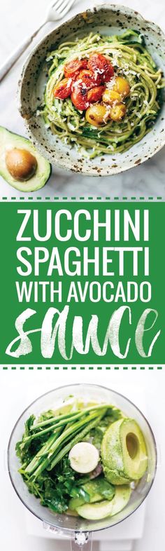 zucchini spaghetti with avocado sauce in a bowl on a white table