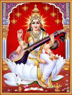 the hindu goddess sitting on top of a swan with a guitar in her hand and holding a