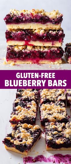 blueberry bars stacked on top of each other with the words gluten - free and