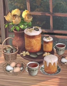 an image of some food on a table with flowers in the vases and eggs