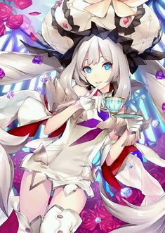 an anime character with white hair and blue eyes holding a cup in front of her face