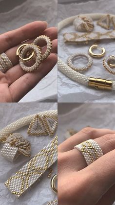 four pictures of different types of rings and bracelets in gold, silver or white