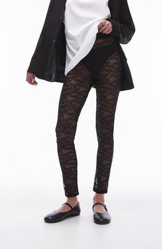 Add some throwback style to any look with these sheer floral-lace leggings cut to an ankle length. 29" inseam; 10" leg opening; 12" front rise; 14 1/2" back rise (size Medium) Elastic waist 90% polyamide, 10% elastane Machine wash, line dry Imported Trendy Stretch Bottoms With Lace Trim, Lace Tights With Lace Trim, Fitted Bottoms With Lace Trim For Fall, Stretch Lace Tights For Night Out, Thigh High Stretch Bottoms With Lace Trim, Full Length Bottoms With Lace Trim For Spring, Chic Stretch Bottoms With Lace Trim, Spring Bottoms With Lace Trim And Stretch, Spring Stretch Bottoms With Lace Trim