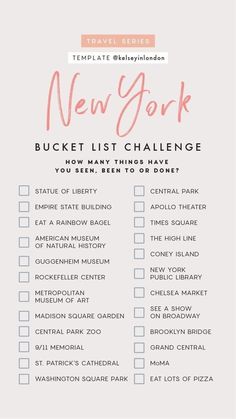 the new york bucket list is shown in pink and white with text overlaying it