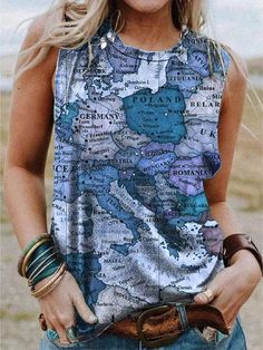 Gender: Women Type:Tank Tops Feature:Map Print. Crew Neck. Sleeveless Material:Polyester Style:Casual/Fashion Color:Gray. Pink. Khaki. Blue Size:S. M. L. XL. 2XL. 3XL. 4XL. 5XL Please Note:All Dimensions Are Measured Manually With A Deviation Of 1 To 3cm. Casual Vest, Fashion Materials, Womens Cami, Tee Shirt Print, Casual Tank Tops, Sleeveless Tshirt, Sleeveless Vest, Fashion Colours, Cami Tops