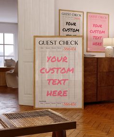 two posters with the words guest check and your custom text here written on them in pink ink