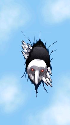 a bird with red eyes and claws on its head looking through the hole in the sky