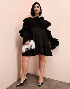 ASOS LUXE Curve pleated off shoulder cotton poplin mini skater dress in black | ASOS Formal Dresses Graduation, Cocktail Dress Formal, Off Shoulder Fashion, Embellished Denim, Mini Skater Dress, Long Sleeve Floral Dress, Satin Slip Dress, Glam Dresses, Active Wear Leggings