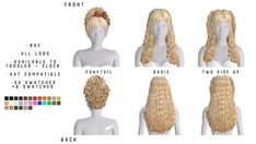 the different types of wigs are shown in this image, including blonde hair and long curly