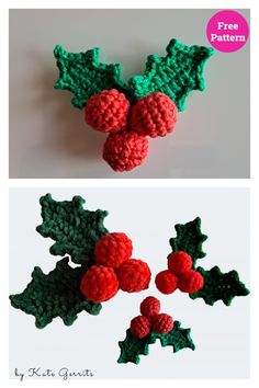 crocheted holly and berry appliques are shown in three different colors