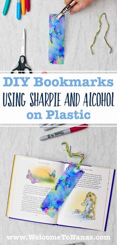 an open book with the title diy bookmarks using shape and alcohol on plastic