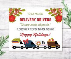 a holiday card for delivery drivers with christmas decorations and gifts on the truck's flatbed