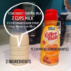 a bottle of coffee creamer with only three ingredients on the top and below it