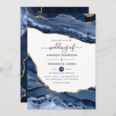 an elegant blue and white marble wedding card