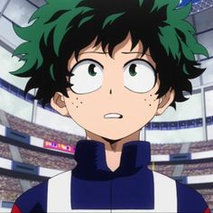 an anime character with green hair in front of a large stadium looking at the camera