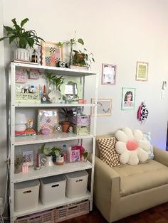 a living room filled with furniture and lots of plants on top of it's shelves