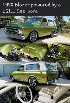 an old green car with chrome wheels and rims parked in front of a house