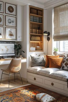 a room with a window seat, desk and bookshelf