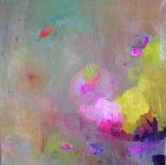 an abstract painting with pink, yellow and green colors