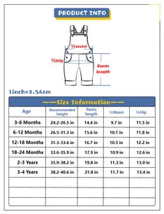 the size chart for children's bib shorts and overalls, with measurements