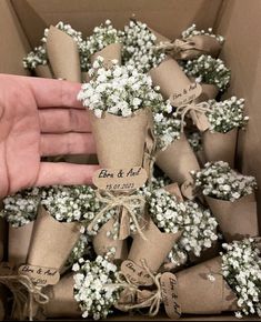 someone is holding some baby's breath flowers in a cardboard box with twine tied around them