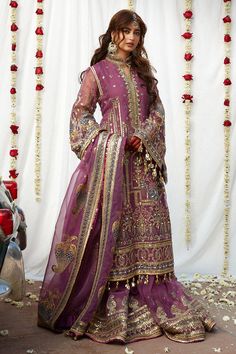 Mohsin Naveed Ranjha, Purple Work, Embroidered Sharara, Pakistani Designer Clothes, Pakistani Wedding Dress, Pakistani Fancy Dresses, Vintage Paisley, Desi Clothes, Festive Wear