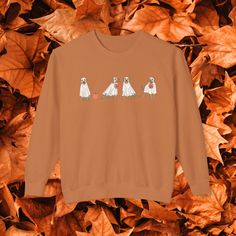 THE FIT: 100% ring-spun cotton Light fabric (6.4 oz/yd² (217 g/m Relaxed fit Sewn-in twill label Fall Crew Neck Top With Dog Print, Fall Cotton Sweatshirt With Dog Print, Long Sleeve Dog Print T-shirt For Fall, Cotton T-shirt With Dog Print For Fall, Cotton Dog Print Sweatshirt For Fall, Golden Retriever Sweater, Ghost Dog, Gift For Dog Lover, Dog Sweatshirt