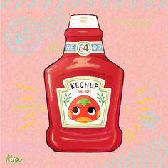 a bottle of ketchup on a pink background