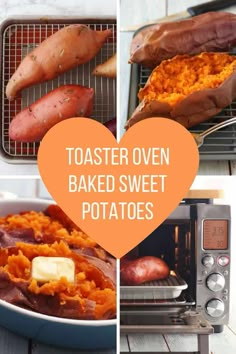 toaster oven baked sweet potatoes with text overlay