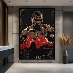 a painting of a man with boxing gloves on the wall in front of a bathroom