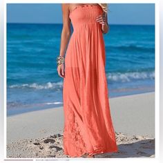 Venus Coral Strapless Maxi Dress New In Online Plastic Packaging/ Never Worn Coral Color Size Small Rushed Banded Top / Lined To Thigh / Lace Detailed Bottom Design Chic Strapless Dress For Beach Party, Strapless Stretch Maxi Dress For Vacation, Stretch Strapless Maxi Dress For Vacation, Elegant Strapless Maxi Dress For Beach Season, Summer Strapless Stretch Maxi Dress, Strapless Stretch Maxi Dress For Summer, Strapless Maxi Dress For Beach Party, Strapless Stretch Dress For Beach Season, Bandeau Maxi Dress For Beach