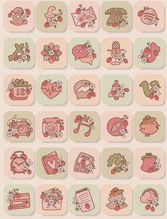 a bunch of different types of icons in pink and green colors on a beige background