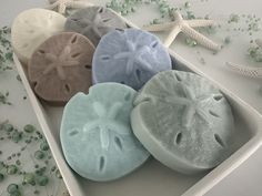 four soaps in a white tray with starfish and sea shells on the side