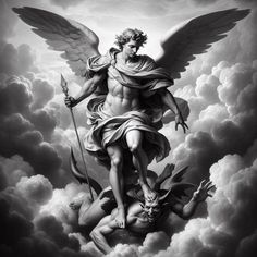 an angel standing on top of a demon in the clouds