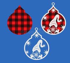 three christmas ornaments on a blue background with plaid pattern and snowflakes royalty illustration